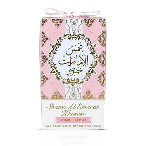Shams Al Emarat Khususi pink blush packaging on a white background